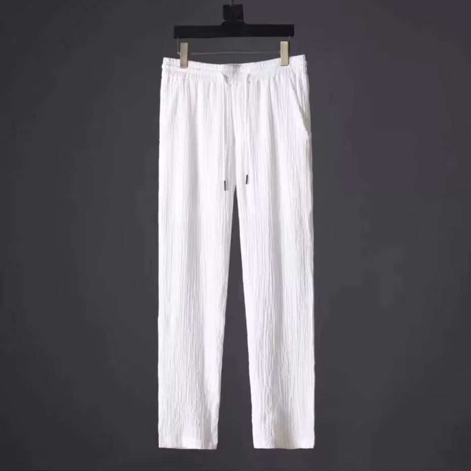 Summer Casual Thin Linen Set Men'S Sport Suit Outdoor Wear Short Sleeve Long Pants Two-Piece Set Lightweight Comfortable Fit